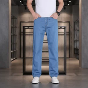 Men’s Classic Straight Leg Denim Jeans with Durable Stretch Fabric Mid Rise Waist Formal Slim Fit Light Wash Summer Knitted