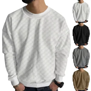 Men’s Clothing Knitwear Heavyweight Jacquard Checkerboard Pattern Round Neck Casual Base Long Sleeved Sweater for Men