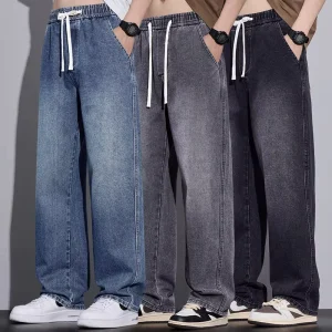 Men’s Clothing Wide-leg Pants Baggy Jeans Streetwear Straight Fashion Denim Trousers Y2K Vintage Washed Elastic Waist Man Pants