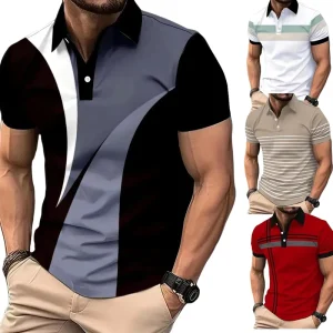 Men’s Color Block Stripe Print Polo Shirt Casual Short Sleeve Turn Down Collar Golf Shirt for Business and Street Wear