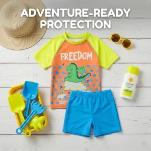 Men’s Color Block UV Swimwear Cartoon Dinosaur Rash Guard Chlorine Resistant Durable Low Quick Dry Water Sports Gear