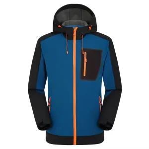 Men’s Color Blocked Softshell Jacket Hooded Full Zipper Waterproof Windproof Thick Fleece Lined Winter Outdoor Outerwear