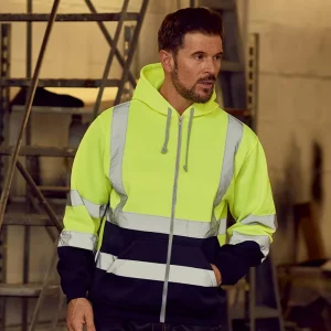 Men’s Cotton Hooded Sweatshirt with Reflective Strips Color-Blocked Fleece-Lined Zip-Up Hoodie for Sanitation Workwear