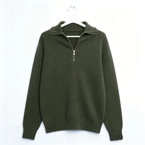 Men’s Cotton Knit Pullover Green Polo Zipper Sweater Thick Winter Custom Color Half Zip Long Sleeve Knitwear