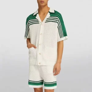 Men’s Cotton Knitwear Cardigan Blue and White With Pockets Short Sleeve Knitted Shirt
