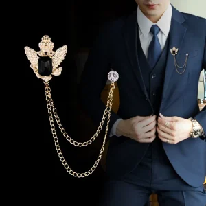 Men’s Crown Wing Brooch with Crystal & Double Chain Elegant Lapel Pin for Suit Wedding & Formal Occasions