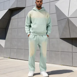 Men’s Custom Autumn Vintage Acid Wash 100% Cotton French Terry Pullover Hoodie Sweatpants Set Casual Rhinestone