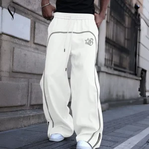 Men’s Custom Canvas Mid Waist Streetwear Wide leg Joggers Reflective Piping Trench Coat Pants Zipper Striped Loose Sweatpants