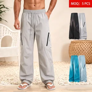 Men’s Custom Logo Casual Lightweight 100% Polyester Cargo Pants Elastic Waist Quick Dry Windproof Anti Wrinkle Loose