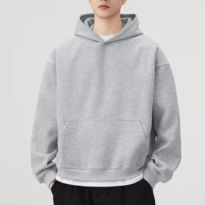 Men’s Custom Logo Heavyweight Boxy Fit Sweatshirt with Pocket 100% Cotton Loose Pullover Hoodies for Men