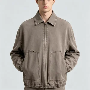 Men’s Custom Logo Washed Cotton Work Jacket Relaxed Fit Durable Canvas Lapel Collar Elastic Hem Zip Up Coat with Rivet Pockets