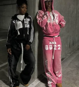 Men’s Custom Rhinestone Applique Embroidered Spike Sun Faded Wide Leg Screen Printed Sweatpants Zip up Hoodie Sets
