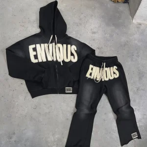 Men’s Custom Skull Logo Tracksuit Faded Acid Wash Cotton Track Suit Vintage Hoodie Set with Printing
