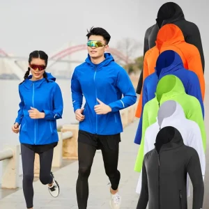 Men’s Custom Sports Jacket Hooded Soft Touch Zipper Pocket Waterproof Windproof Breathable Anti UV Knitted Polyester Nylon