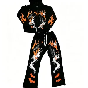 Men’s Custom Streetwear Oversized Heavyweight Zip Hoodie Stacked Flare Sweatpants Set Winter Puff Print Tracksuit 2 Pieces Set