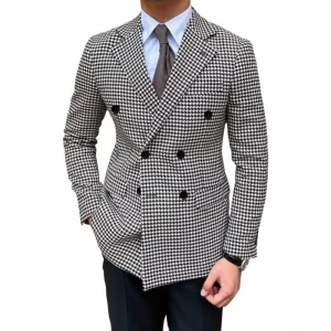 Men’s Customizable Plus Size Houndstooth Plaid Blazer Suit Jacket Double Breasted Tuxedo Style Zipper Fly Regular Office Party