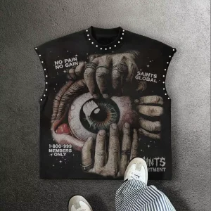 Men’s Customized Street Style Front Guard Style Eye Art Printing Diamond Inlaid Sleeveless Silk Screen Printed T shirt Supplier