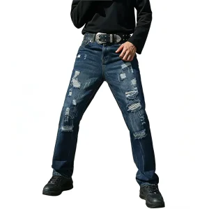 Men’s Dark Blue Ripped Jeans Loose Straight Leg Distressed Denim Trousers with Bottom Patchwork Streetwear