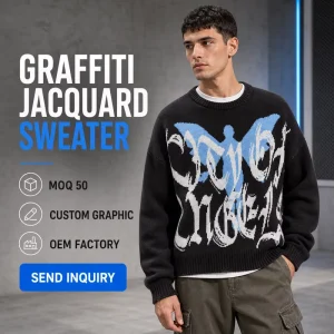 Men’s Dark Streetwear Jacquard Knit Sweater Distressed Hem Boxy Cropped Gothic Graphic Pullover