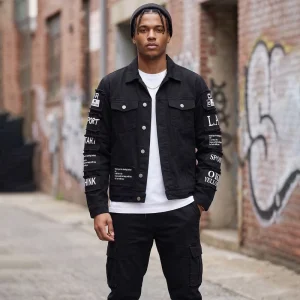 Men’s Denim Jacket Letter Graphic Button Down Flap Pocket Long Sleeve Streetwear Jacket