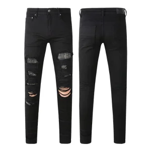Men’s Denim Jeans Slim Fit Straight Pants Waist Ripped Distressed Washed Embroidery Streetwear Vintage Jeans