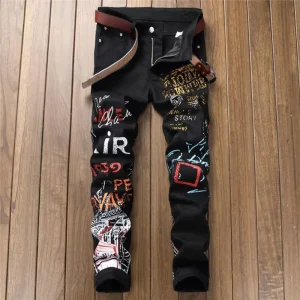 Men’s Denim Jeans Slim Patch Cotton Letter Print Straight Jeans Pants