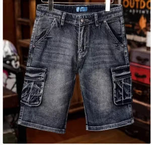 Men’s Denim Shorts Cropped Length Cat Whisker Straight Leg Vintage Washed Distressed Side Pockets Casual Fit Relaxed Style