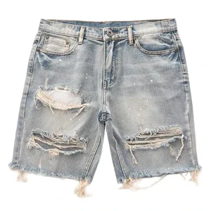 Men’s Denim Shorts Short Jeans Straight Fit Ripped Holes Knee length Distressed Denim Shorts