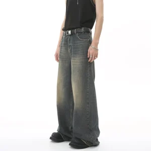 Men’s Denim Stretch Mid Waist Jeans Spring Summer Loose Straight Casual Long Pants Distressed Quick Dry