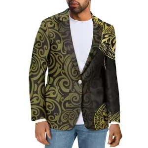 Men’s Designer Blazer Polynesian Print Winter Warm Jacket with Long Sleeves Custom Single Breasted Suits