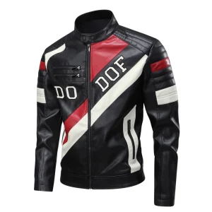 Men’s Diagonal Color Block Letter Embroidery Moto Quilted Sleeve Multi Zipper Pocket Racing Biker Slim PU Leather Jacket