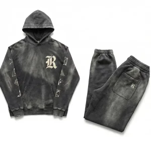 Men’s Distressed Acid Washed Vintage Embroidery Applique Pullover Street Wear Sweatshirts Hoodie Set