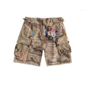 Men’s Distressed Camouflage Denim Shorts Loose Fit Streetwear Practical Pockets Embroidery Patches Mid Waist Knitted Cargo