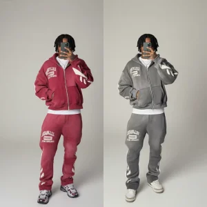 Men’s Distressed Embroidery Baggy Zip Up Jogging Sweatsuit Hoodie and Jogger Sweatpants Set Flared Tracksuit