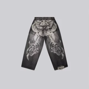 Men’s Distressed High Street Hip hop Mid Waist Stonewashed Loose Fit Jeans Wide Leg Raw Edge Straight Baggy Denim Pants