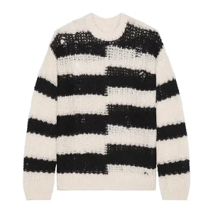 Men’s Distressed Sweater Black White Striped Oversized Knitwear Streetwear Clothing