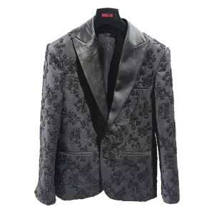 Men’s Double Breasted Beaded Embroidery Floral Pattern Handmade French New Wool Black Sheep Blazer MOQ 1 Piece