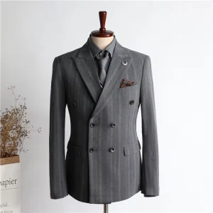 Men’s Double Breasted Button Jacket Business Casual Slim Fit Blazers Coat Formal Wear Suits Worsted V-neck