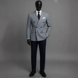 Men’s Double Breasted Formal Blazer Suit 2 Piece Breathable Anti Wrinkle Spandex Cotton Jacket Pants Peaked Lapel