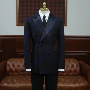 Men’s Double Breasted Jacquard Tuxedo Jacket Navy Peak Lapel Geometric Printed Blazer Luxury Slim Fit Formal Evening Gala Wear