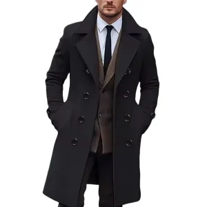 Men’s Double-Breasted Overcoat Woolen Knee-Length Split Coat Jacket Autumn Winter Thickened Large Size Trench Wool Coat