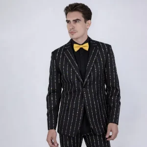 Men’s Double Breasted Rhinestone Suit Multicolor Striped Pattern Slim Fit Blazer for Parties