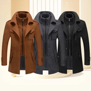 Men’s Double Collar Polyester Warm Long Windproof Jacket Plus Size M 4XL Grey Black Khaki