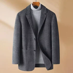 Men’s Double Faced Wool Coat Winter Jacket Business Casual Slim Fit Notched Lapel Woolen Overcoat