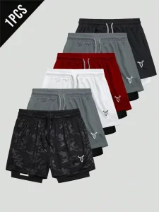 Men’s Double-Layer Mid Waist Sporty Sports Shorts Dual-Use for Sports Fitness Solid Color Breathable Quick Dry Print High Street