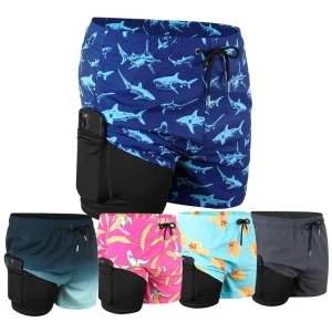 Men’s Double-Layer Pocket Swimming Trunks Beach Pants Loose Sports Quick-Drying Fitness Fishing Shorts