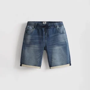 Men’s Drawstring Elastic Waist Shorts Mid-Blue Wash Deep Tone Denim Casual Comfort Fit Cuffed Style Jeans