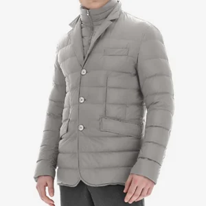 Men’s Duck Down Padded Jacket Horizontal Quilting Design Down Coat with Double Collar Double Placket with Slant Pockets