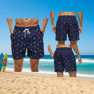 Men’s Eco Friendly 100% Polyester Canvas England Style Mid Waist Breathable Waterproof Beach Swimwear Shorts Sublimation Print