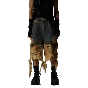 Men’s Edgy Distressed Ripped Mid Length with Tassel Elements Street Wear Essential 100% Cotton Denim Shorts